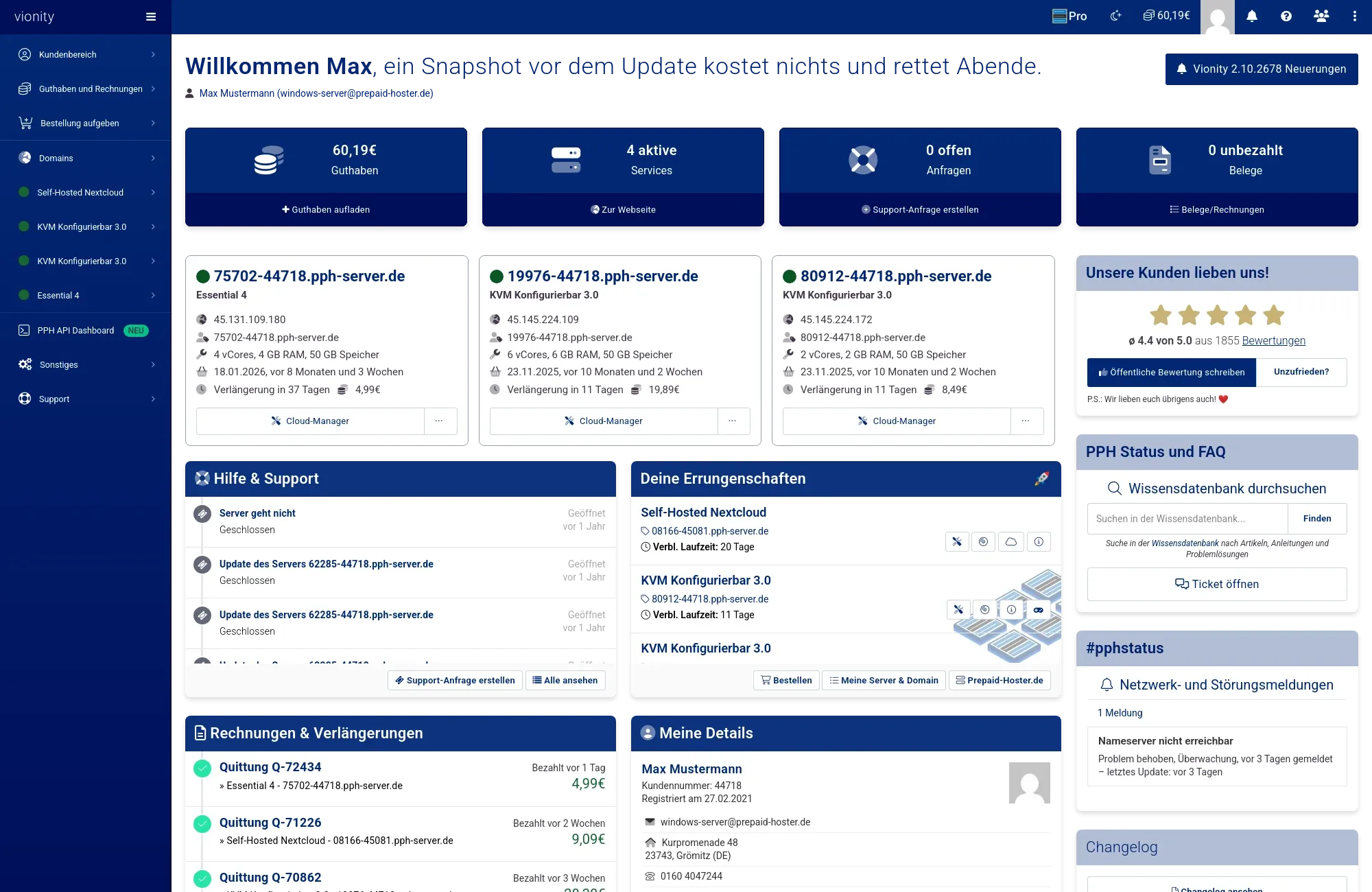 Übersicht der aktiven Services und Kundendaten im Webhosting-Control-Panel