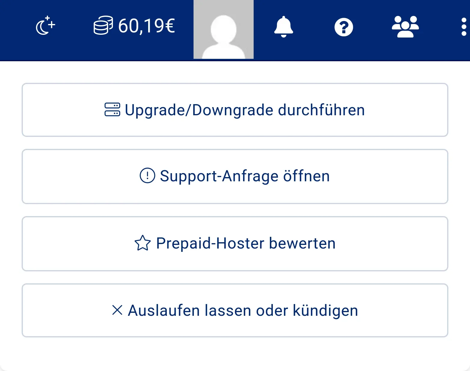Cloud Manager, Bereich „Weiteres“ mit der Schaltfläche „Auslaufen lassen oder kündigen“