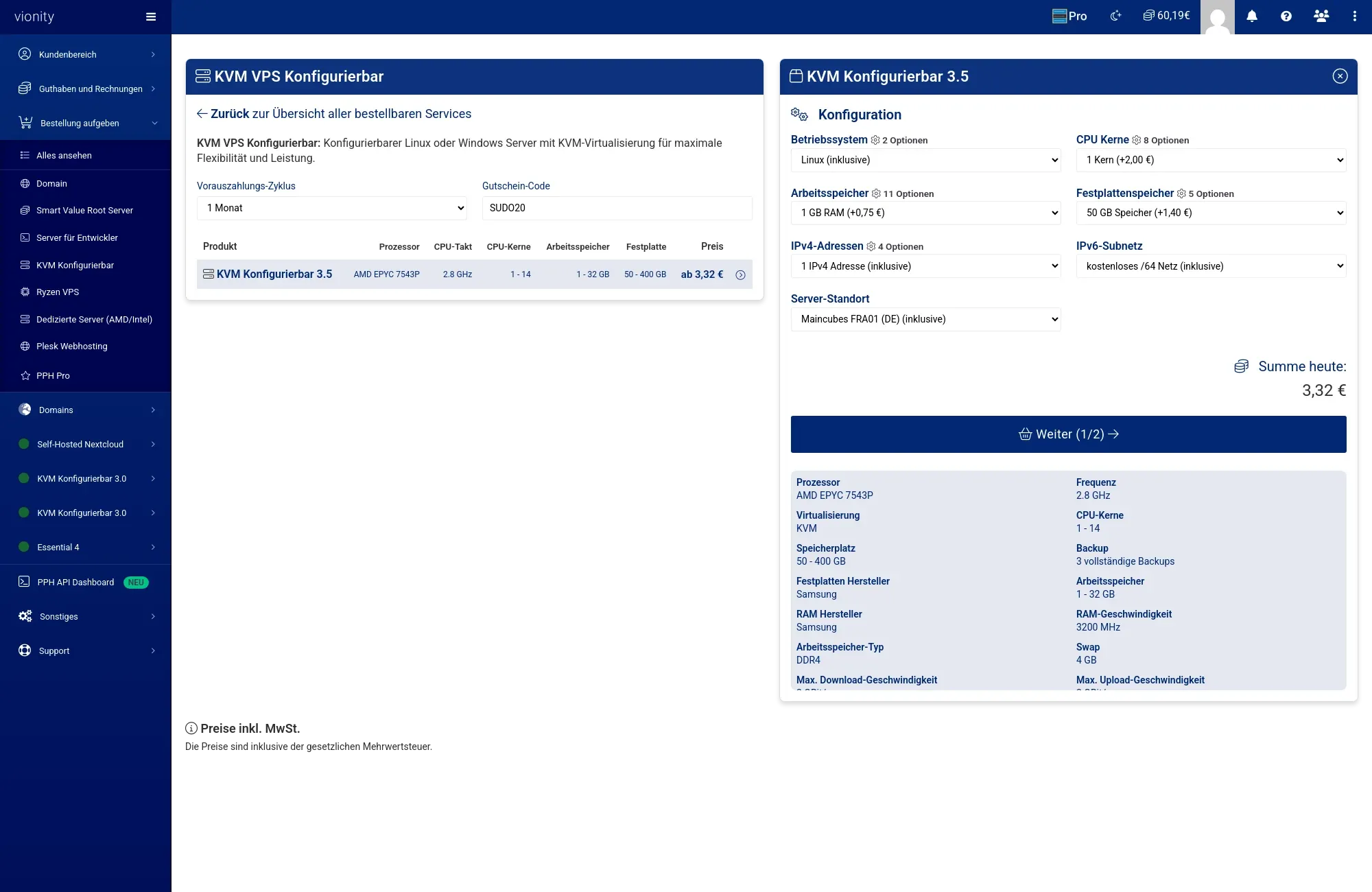 Übersicht zur Konfiguration von KVM-Servern mit Details zu Prozessor und Arbeitspeicher