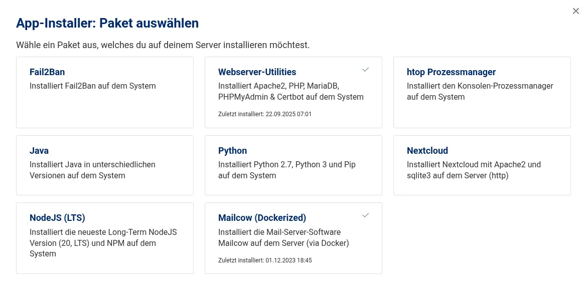 App-Installer in Vionity mit den Paketen Fail2Ban, Webserver-Utilities, htop, Java, Python, Nextcloud, NodeJS und Mailcow